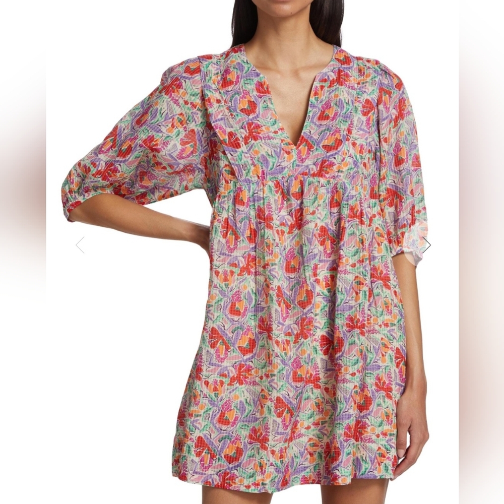 Nwt ba&sh Aleo Floral Mini Dress Puff Sleeve V-Neck Multicolor Babydoll Size XS